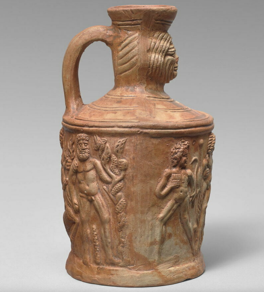 Heracles and the Lernaean Hydra (left) and Dionysus (right), side of Bottle, 275–325 C.E. (North African; Tunisia), African Red Slip Ware, 20.5 x 12.5 cm (Musée du Louvre, Paris)